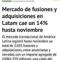Mercado de fusiones y adquisiciones en Latam cae un 14% hasta noviembre